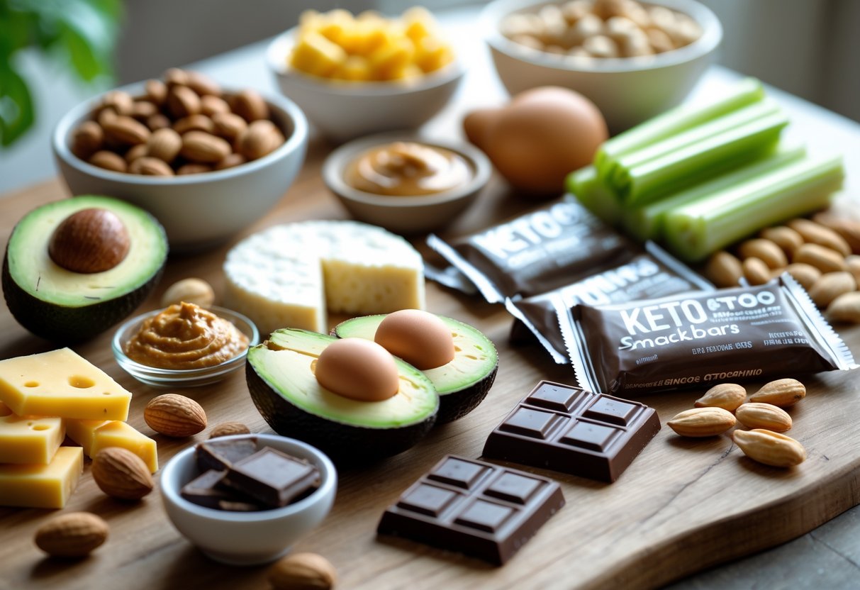 A variety of keto-friendly snacks including nuts, cheese, avocado, eggs, celery with almond butter, dark chocolate, and snack bars arranged on a wooden table.