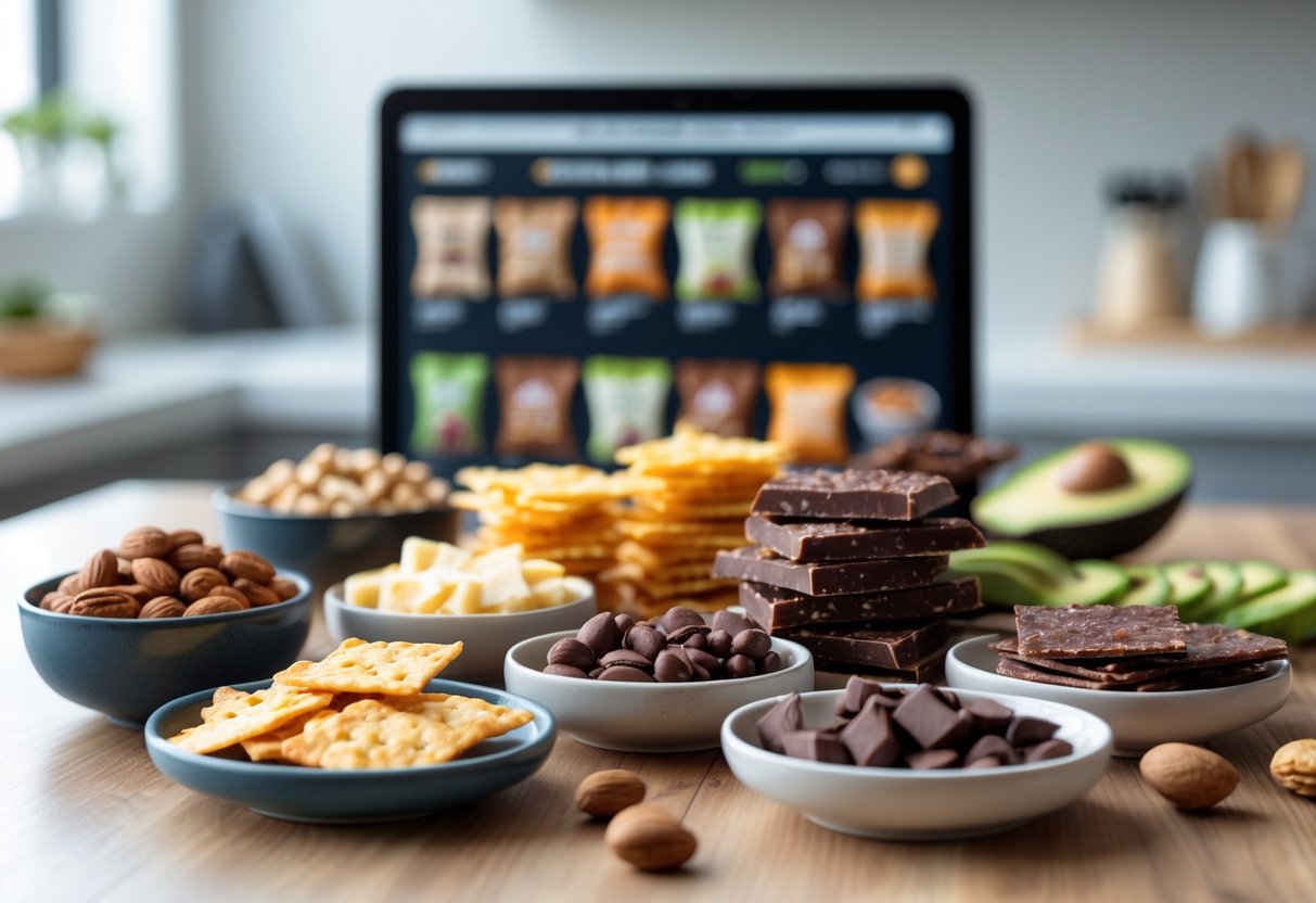 A table with various best keto snacks on Amazon like nuts, cheese crisps, dark chocolate, beef jerky, and avocado slices arranged in bowls and plates, with a blurred laptop screen showing an online shopping page in the background.