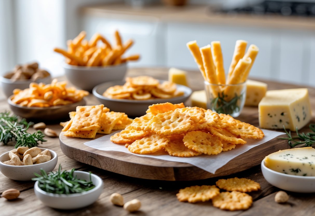 An assortment of crunchy cheese snacks and keto snack bars arranged on a wooden table with small bowls of nuts and fresh herbs.