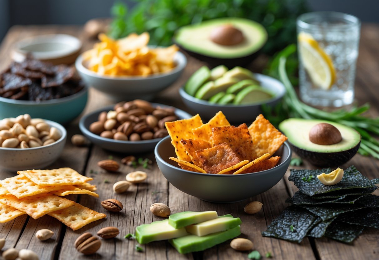 A variety of savory and salty keto snacks including cheese crisps, nuts, pork rinds, seaweed, and avocado slices arranged on a wooden table with bowls and plates.