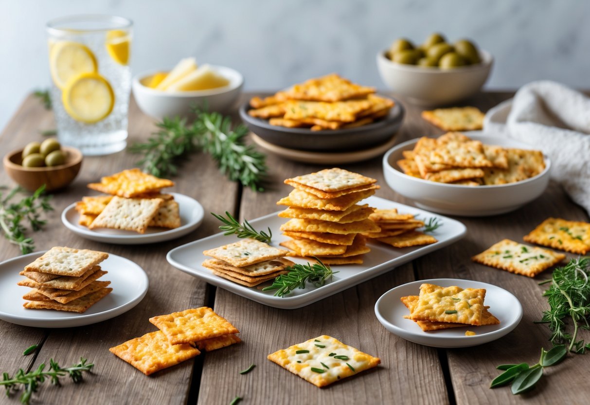 A variety of low carb baked snacks and crackers arranged on plates on a wooden table with fresh herbs and kitchen items in the background.