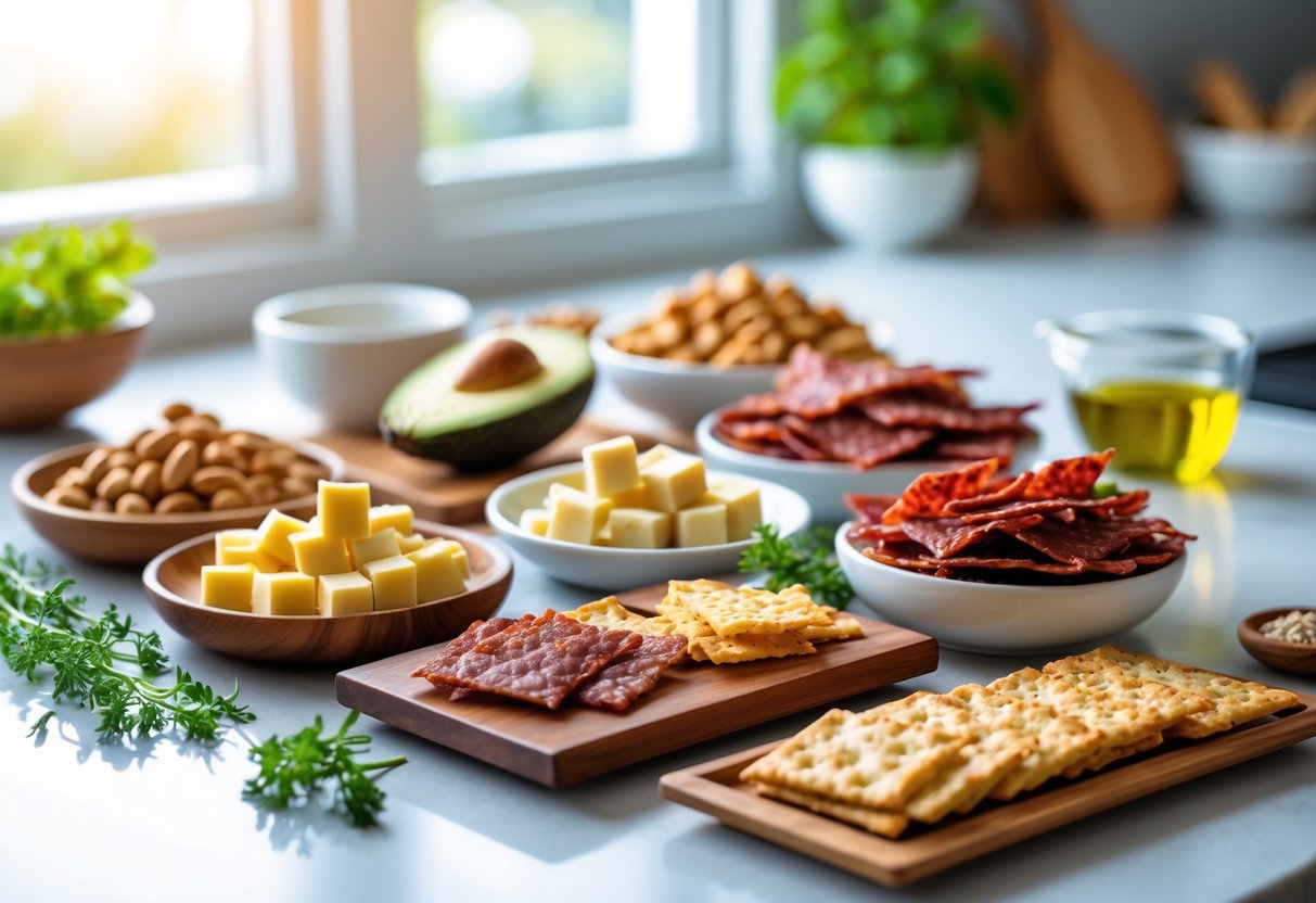 A kitchen countertop with various keto snacks including nuts, cheese cubes, avocado slices, beef jerky, and low-carb crackers arranged in bowls and trays.