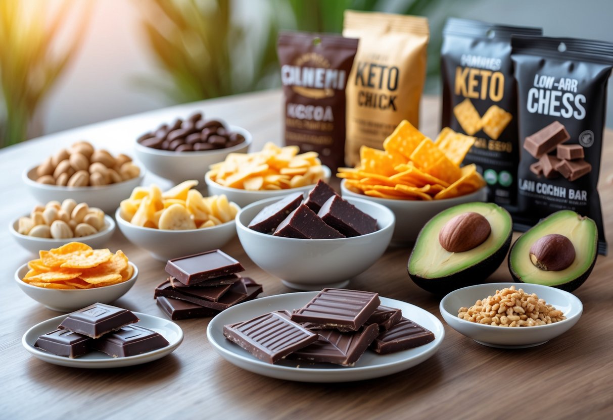 A variety of keto-friendly snacks including nuts, cheese crisps, beef jerky, dark chocolate, avocado slices, and protein bars arranged on a wooden table.