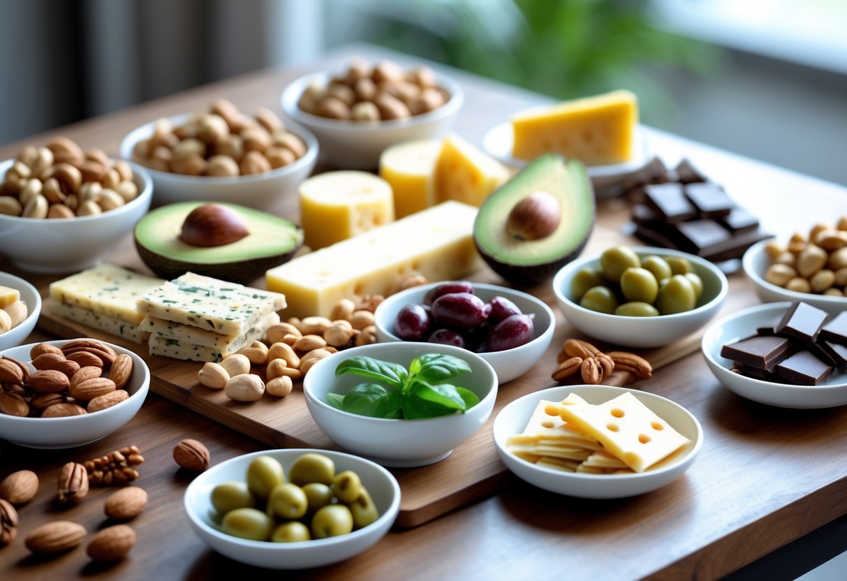 An assortment of keto-friendly snacks including nuts, cheese, avocado, protein bars, olives, and dark chocolate arranged on a wooden table.