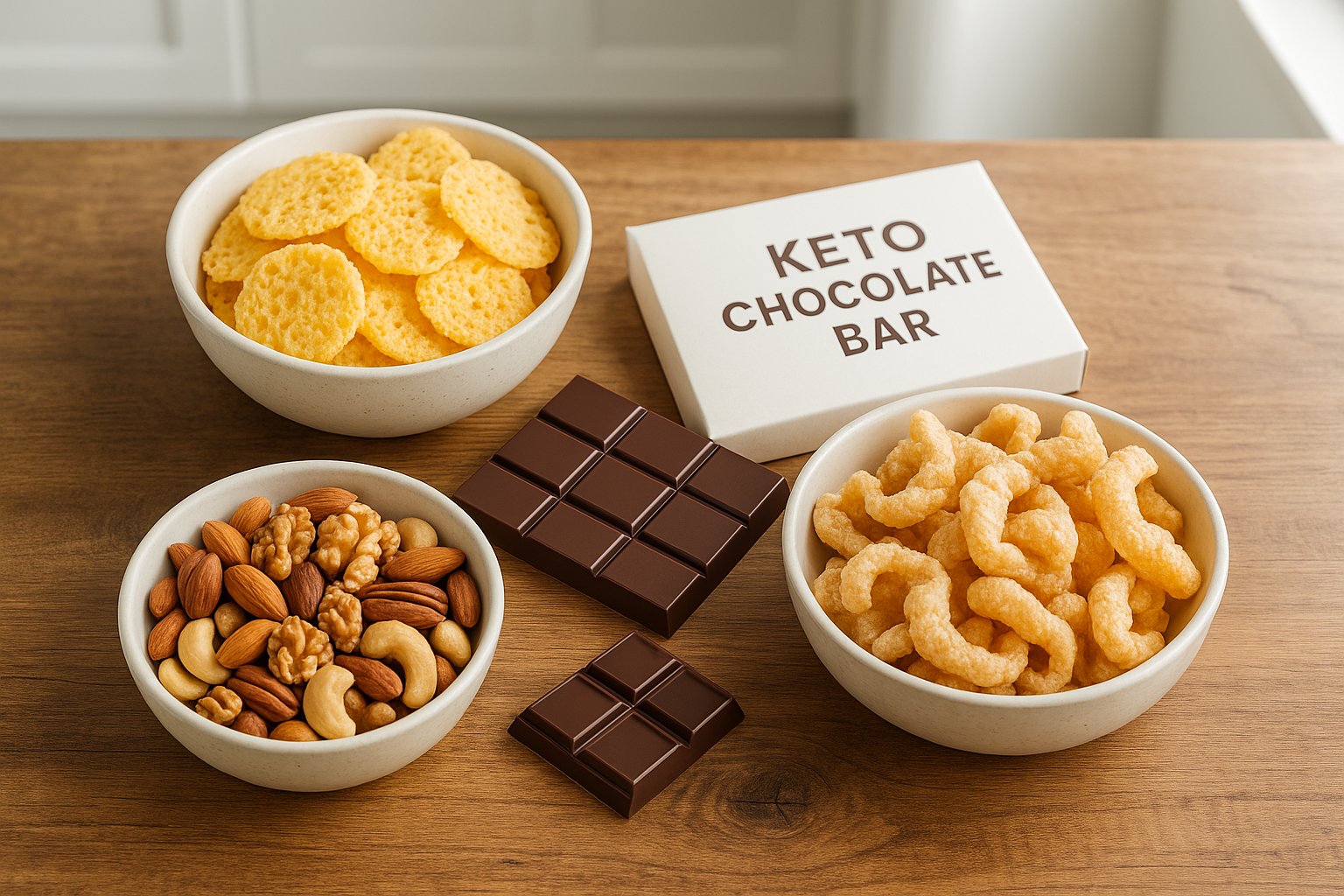 A flat lay of assorted keto snacks on a wooden kitchen table, including cheese crisps, keto chocolate bars, nut mixes, and pork rinds, styled neatly in bowls and packages. Bright natural lighting, clean modern background, overhead perspective, vibrant colors, lifestyle magazine style.