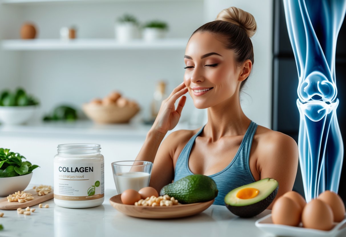 A fit woman in athletic wear touching her glowing skin in a bright kitchen with collagen powder and keto foods on the counter, with subtle anatomical visuals of joints and muscles in the background.