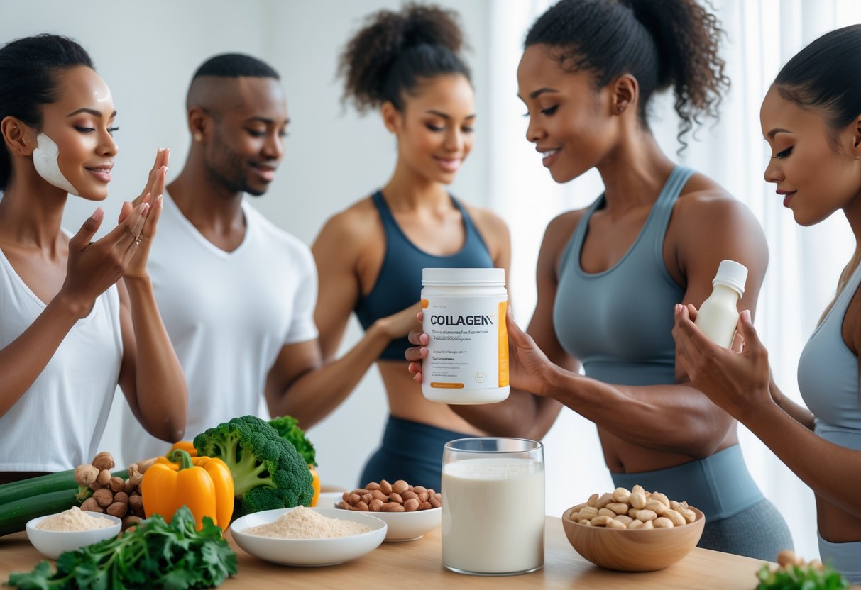A group of healthy adults demonstrating skin care, joint stretching, and muscle recovery with natural foods and collagen supplements on a wooden table.