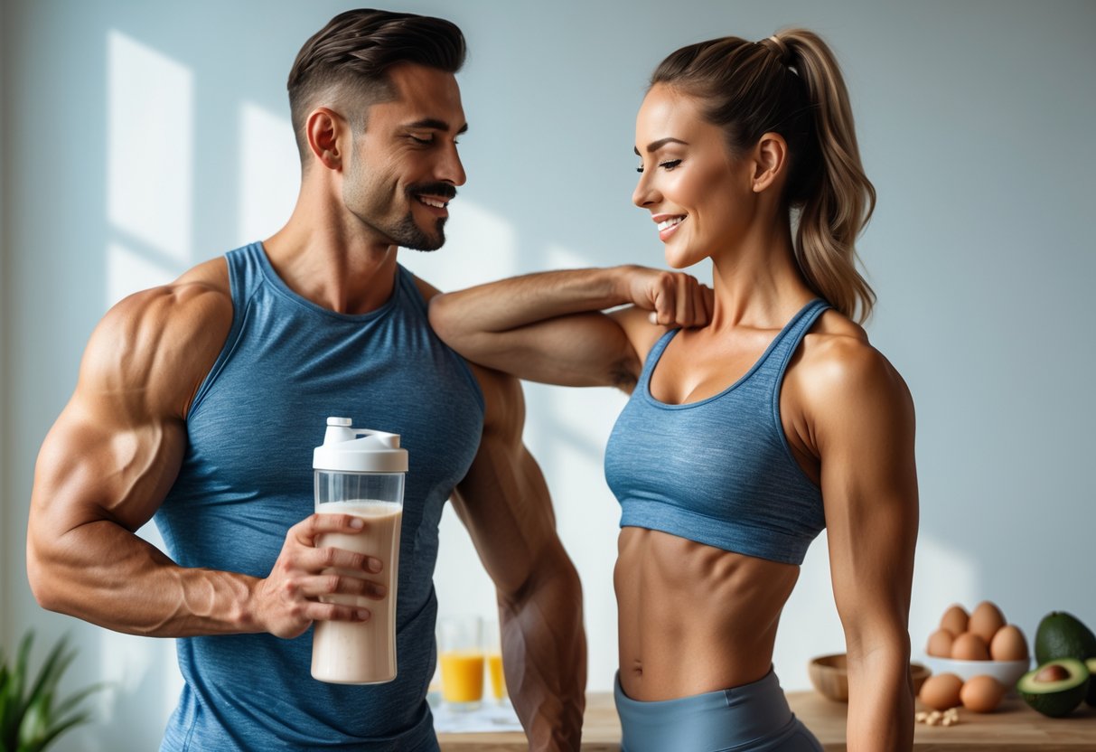 A fit man and woman in athletic wear after a workout, with the man holding a collagen drink and the woman massaging her shoulder, surrounded by keto-friendly foods on a wooden table.