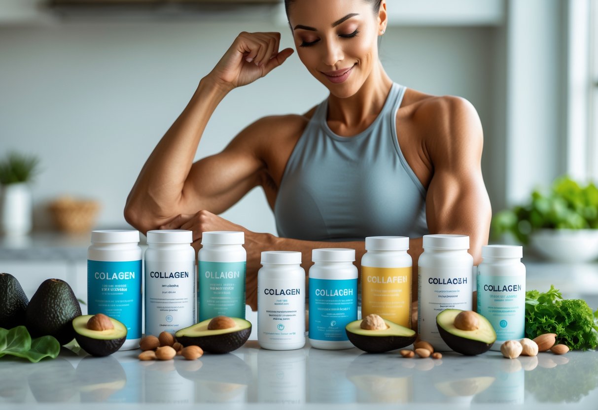 A person in a kitchen with collagen supplements and keto-friendly foods on the counter, touching their face to show healthy skin and muscle tone.