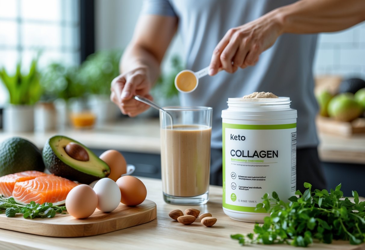 A person preparing a collagen drink in a bright kitchen with keto-friendly foods like avocados, nuts, eggs, and salmon on the countertop.