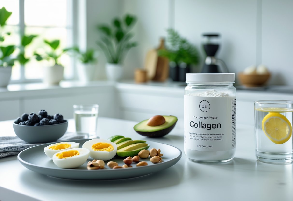 A kitchen scene with a jar of collagen powder, a keto-friendly meal plate with avocado and eggs, fresh berries, and a glass of water with lemon slices on a countertop.
