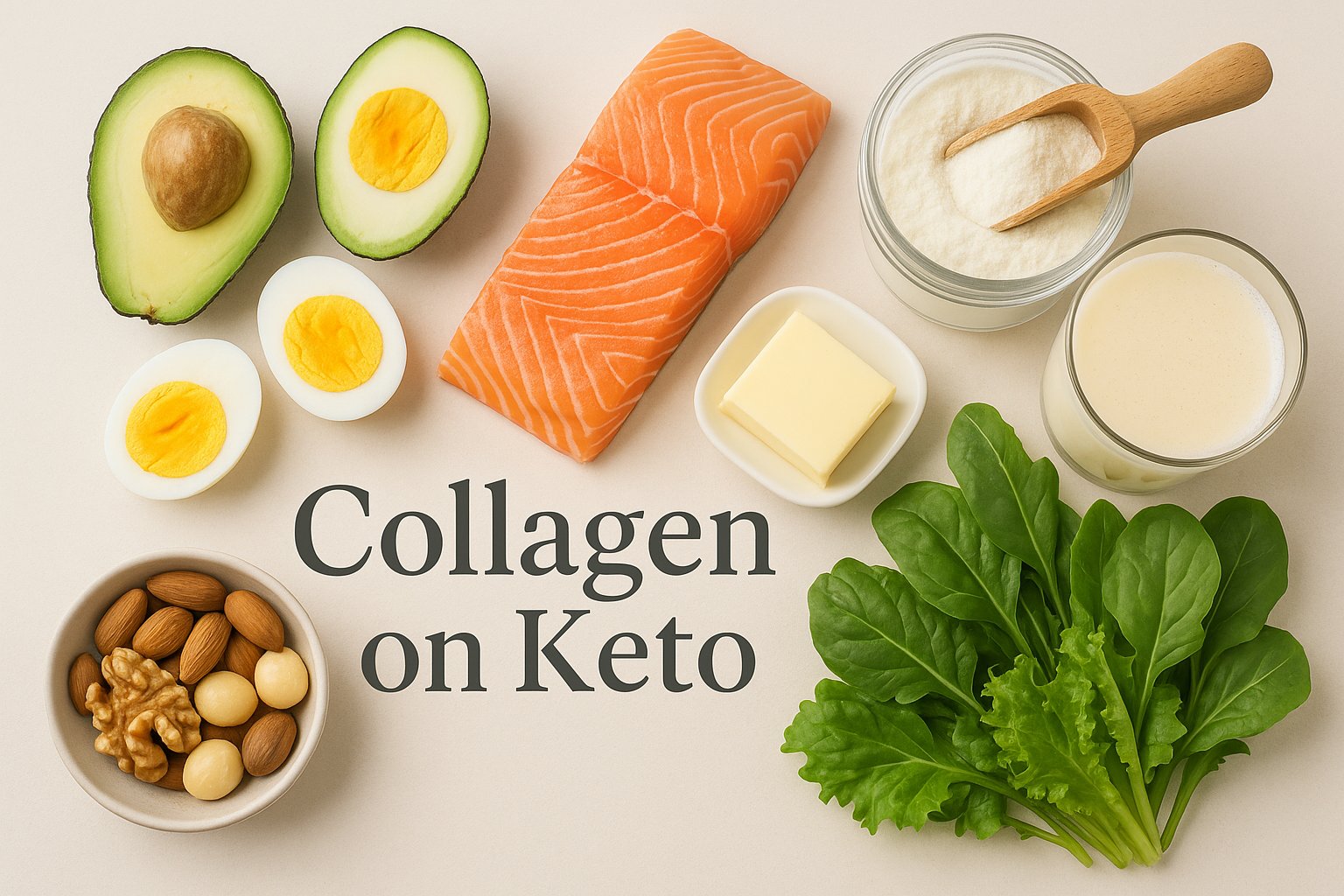 A clean, modern flat lay featuring keto foods (avocado, eggs, salmon, nuts, butter, leafy greens) arranged beside a collagen powder jar, scoop, and glass of collagen drink. Soft natural lighting, pastel background (white or light beige), minimal text overlay saying ‘Collagen on Keto’ in elegant sans-serif font. High-resolution, health and wellness magazine style.