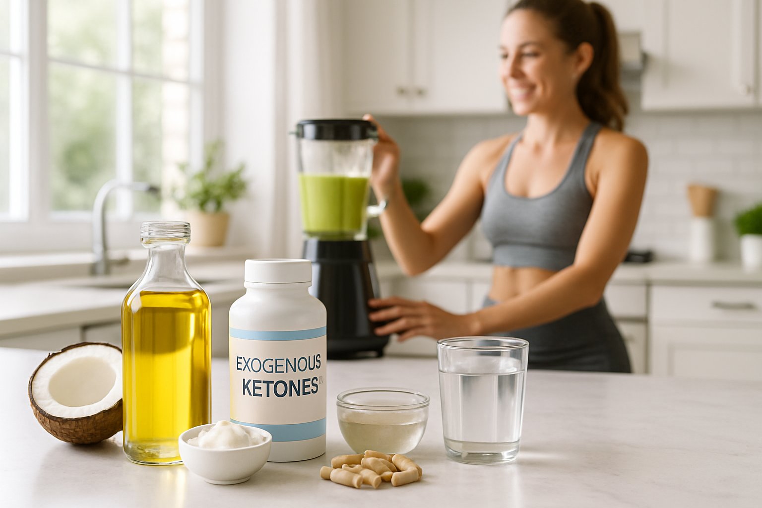 A bright kitchen countertop with bottles of MCT oil and exogenous ketone supplements, fresh coconuts, capsules, and a fit person preparing a smoothie in the background.