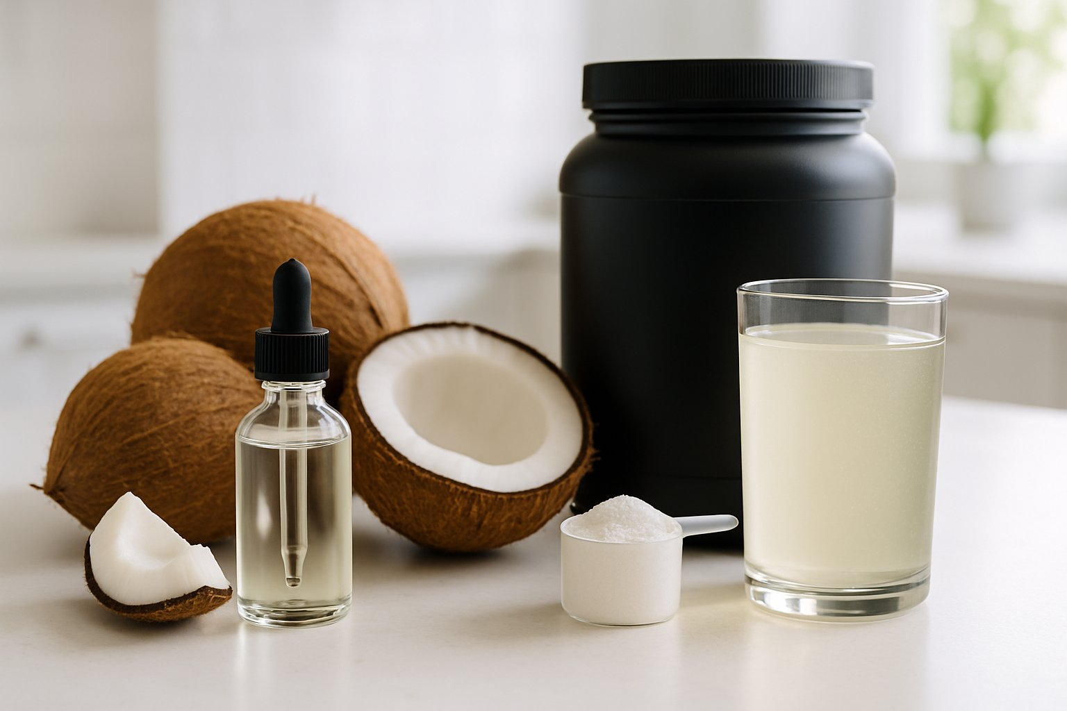 A kitchen countertop with a bottle of MCT oil next to coconuts on one side and a container of exogenous ketone powder with a glass of ketone drink on the other side.