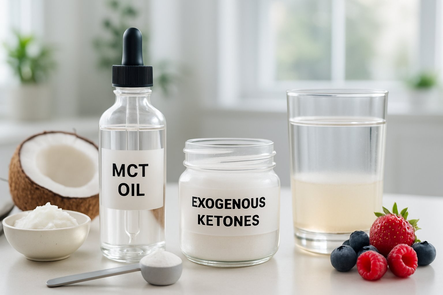 Two bottles of health supplements on a white countertop with coconut halves, a bowl of coconut oil, fresh berries, a measuring spoon, and a glass of water in a bright kitchen setting.