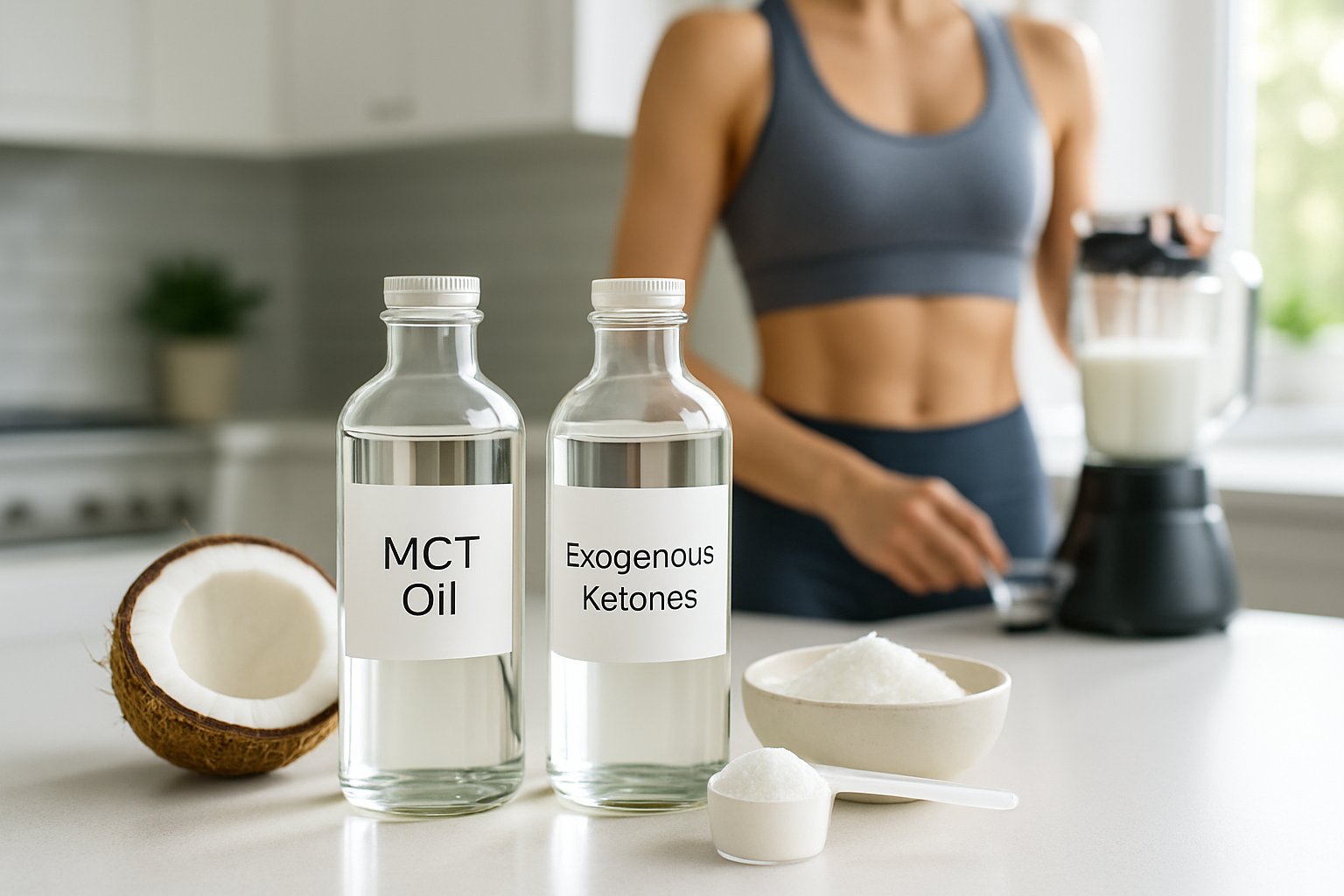 A kitchen countertop with bottles of MCT oil vs exogenous ketones surrounded by coconut halves and supplement powder, with a person preparing a smoothie in the background.