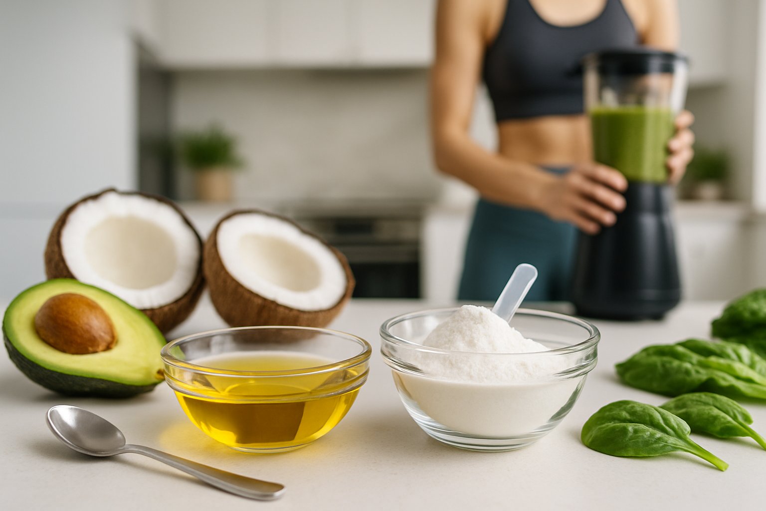 Two glass bowls on a kitchen countertop, one with golden MCT oil and the other with white ketone powder, surrounded by avocado, coconut, and leafy greens, with a person preparing a smoothie in the background.