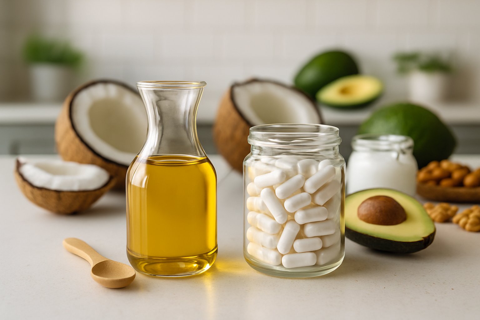 Two glass containers on a kitchen counter, one with golden MCT oil and the other with white ketone capsules, surrounded by coconut halves and keto-friendly foods.