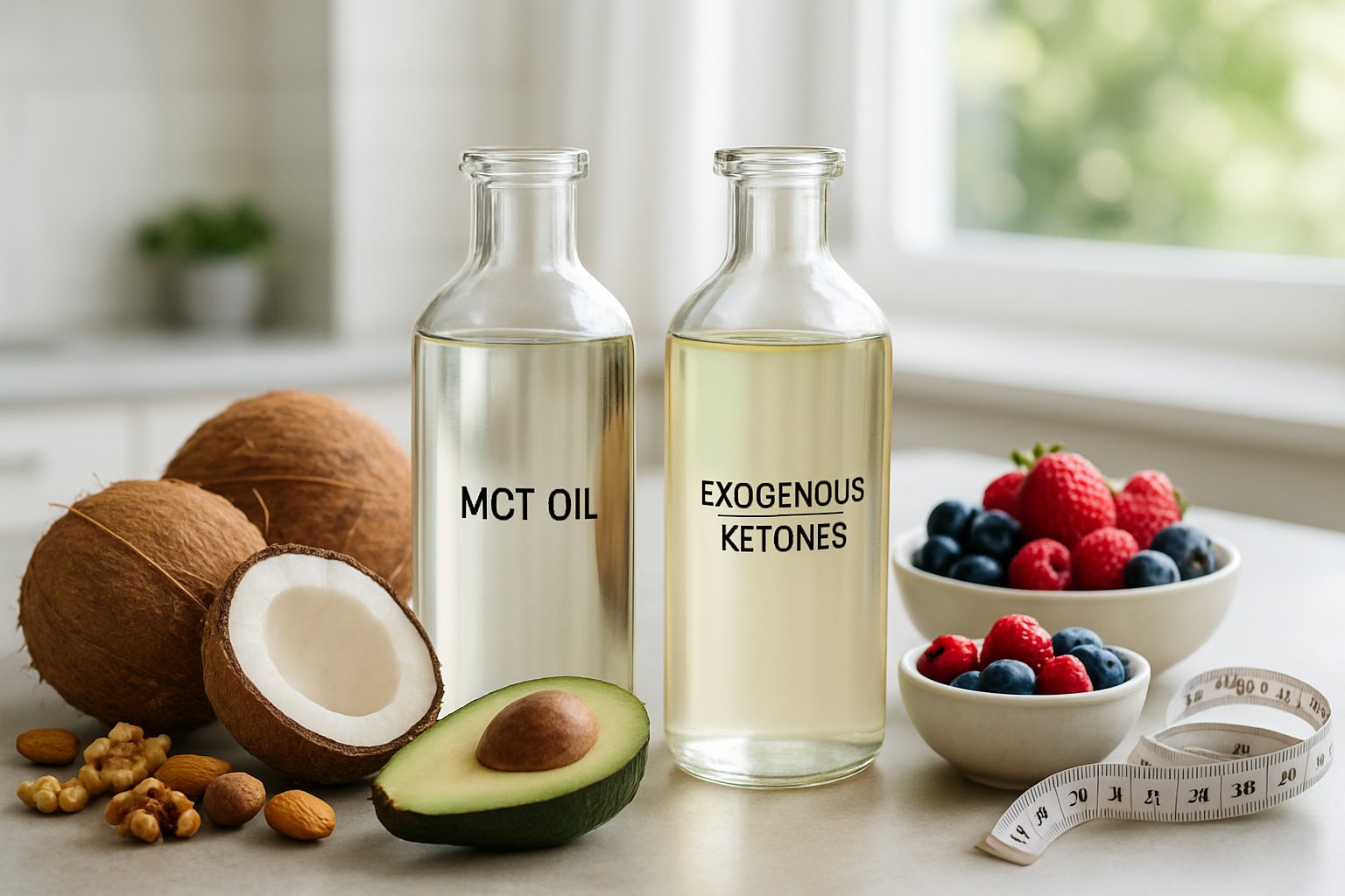 A kitchen countertop with glass bottles, coconuts, avocado, nuts, berries, and a measuring tape arranged to represent energy and fat loss supplements.