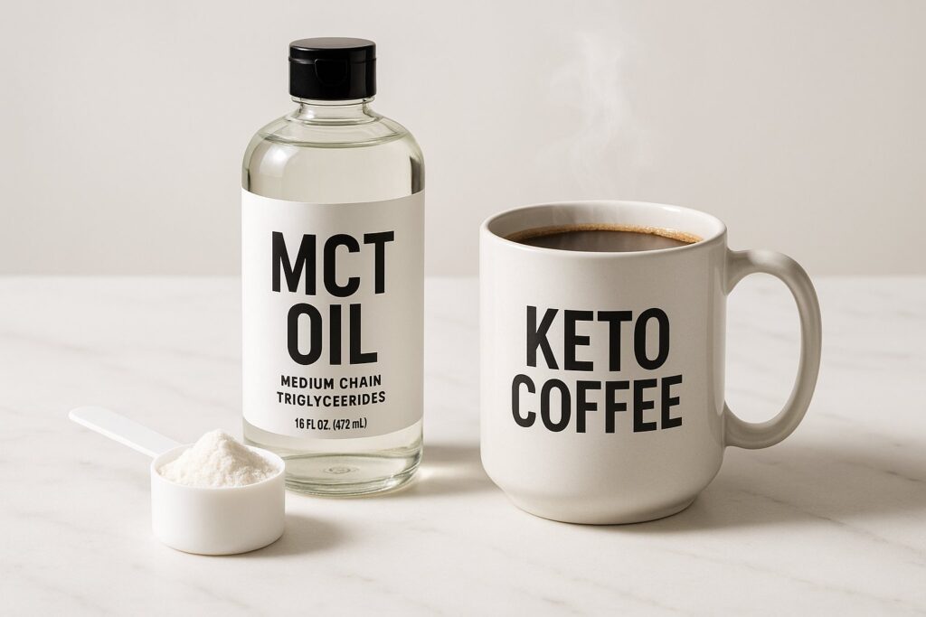 A clean flat lay showing MCT oil bottle, exogenous ketone powder scoop, and a keto coffee mug on a marble table — bright, healthy, energetic vibe.