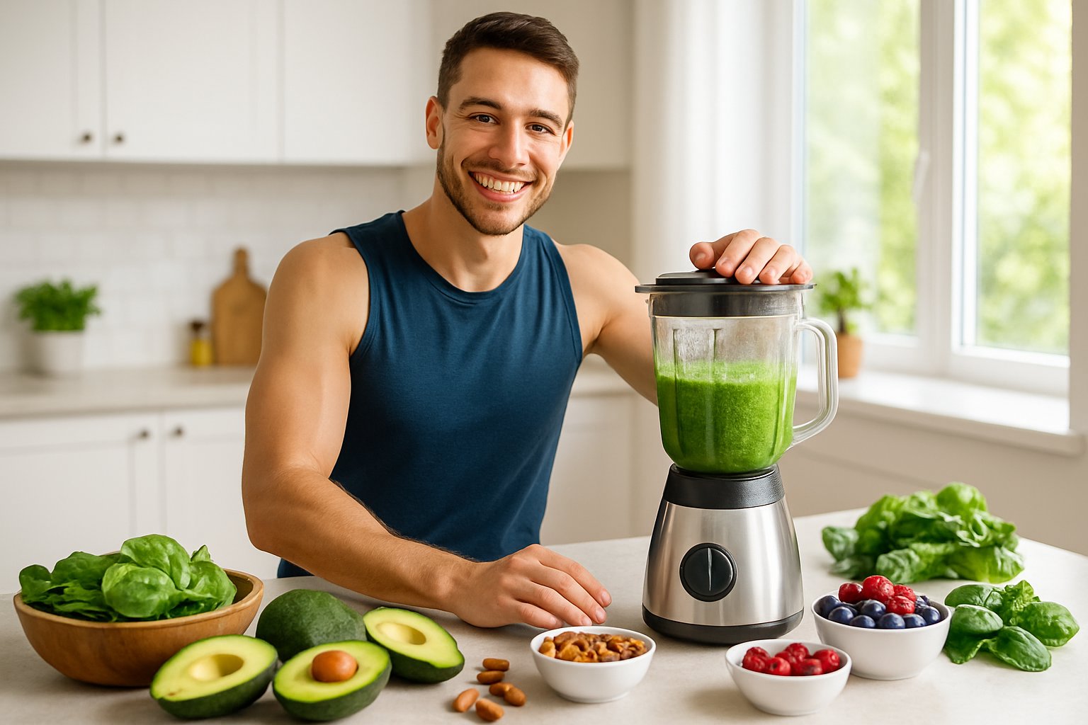 A person making a healthy green smoothie in a kitchen with fresh keto-friendly ingredients on the counter.