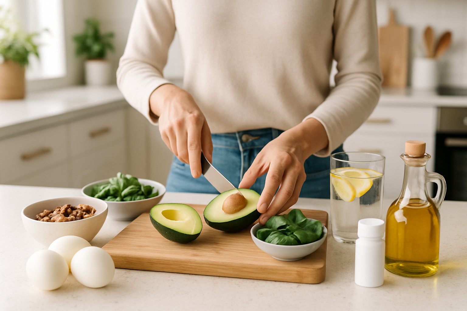 Hands preparing a fresh keto meal with avocado, eggs, and greens on a kitchen counter with water and supplements nearby.
