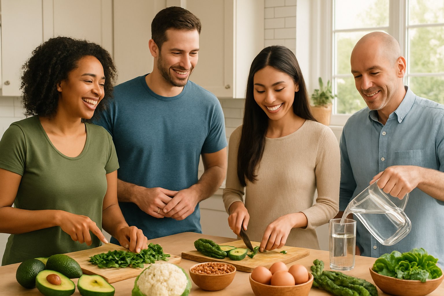 People preparing fresh keto-friendly meals in a bright kitchen, with vegetables, eggs, and water visible on the counter, discussing on How to Avoid Keto Flu.