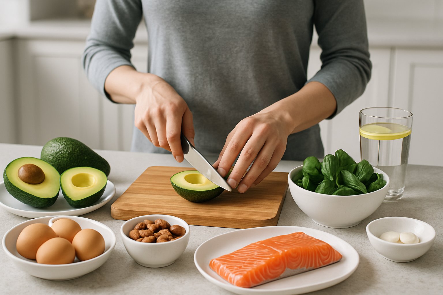 Hands preparing a healthy keto meal on a kitchen countertop with fresh keto ingredients and a glass of water with lemon nearby.