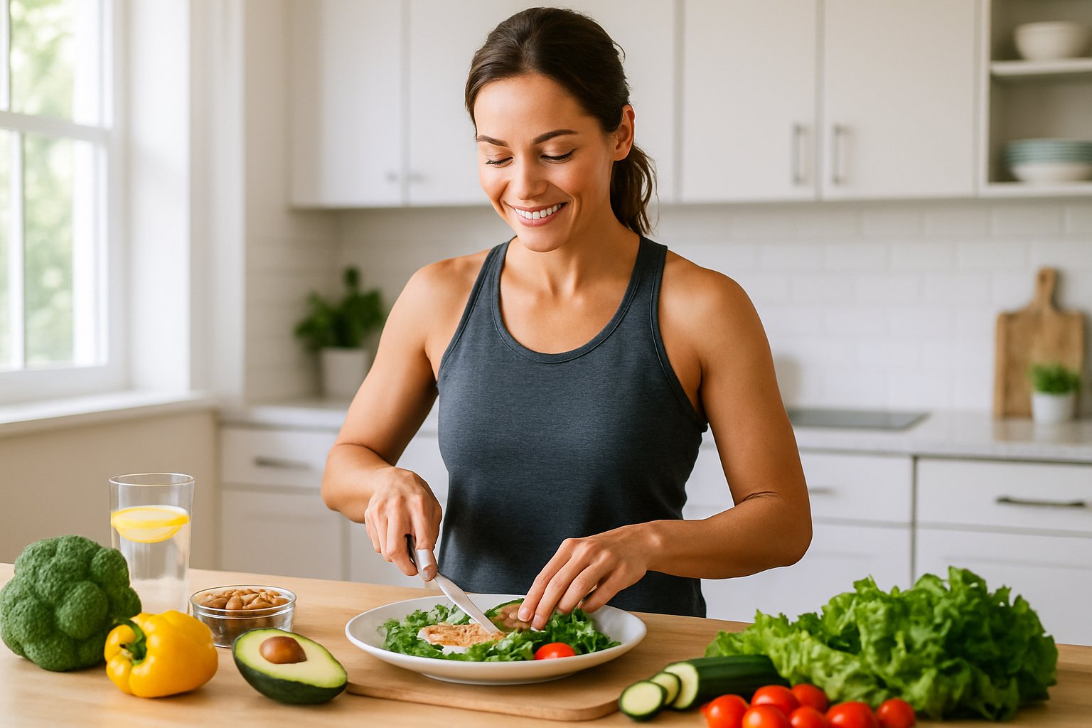 A woman preparing a fresh keto-friendly meal in a bright kitchen with vegetables and water on the counter.