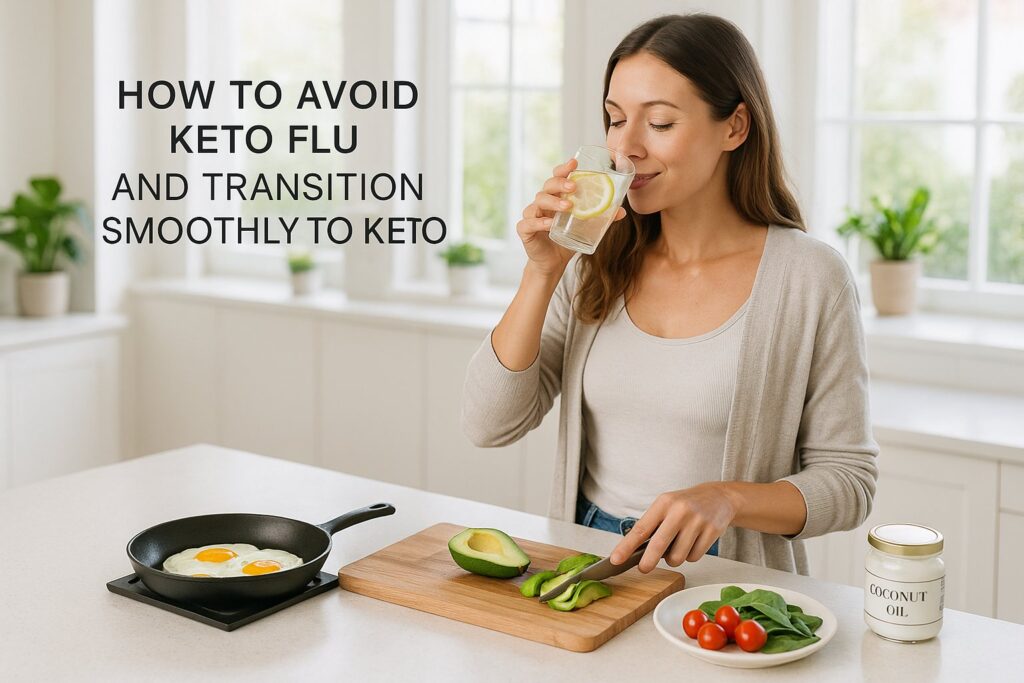 Healthy woman preparing a keto breakfast with avocado, eggs, and coconut oil, drinking water with lemon on a bright kitchen counter. Text overlay: ‘How to Avoid Keto Flu and Transition Smoothly to Keto.