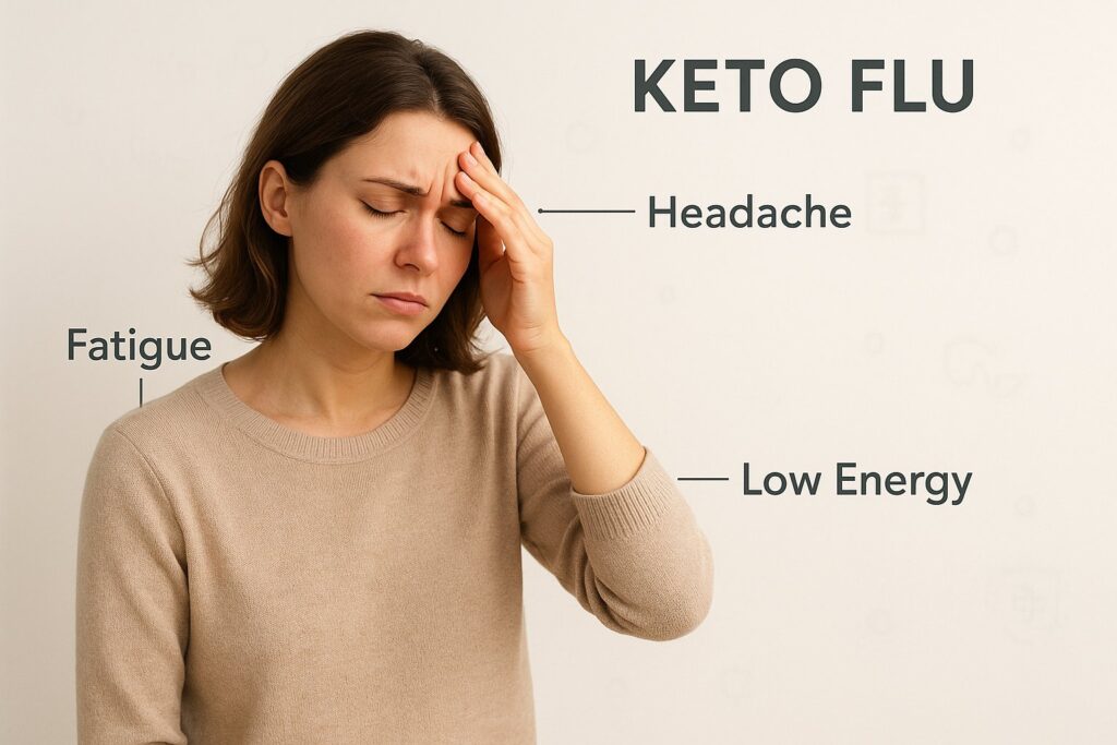 Illustration showing person with fatigue, headache, and low energy labeled ‘keto flu symptoms’.