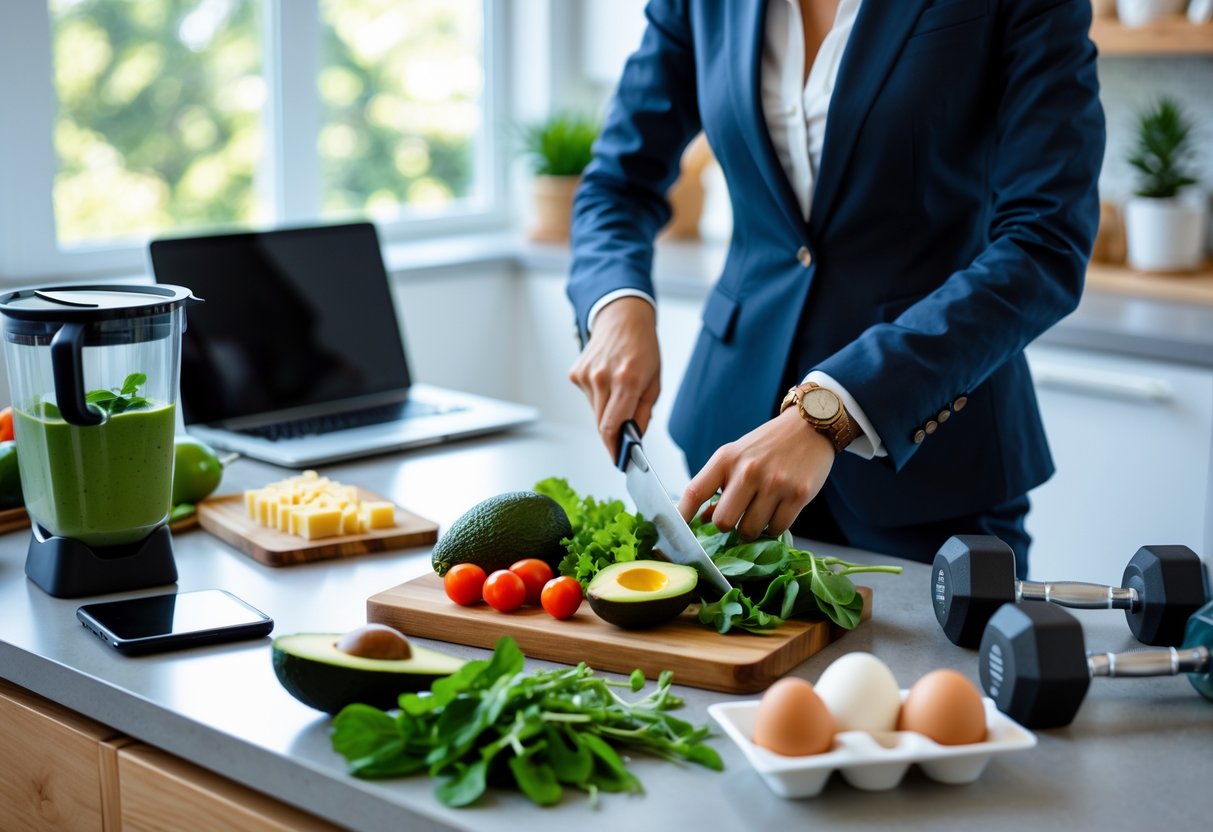 A busy professional preparing a keto meal in a modern kitchen with fresh vegetables, a blender, and workout equipment nearby.