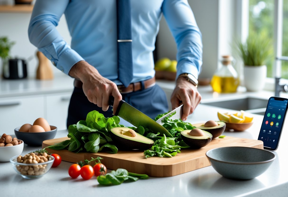 Showing keto diet for busy professionals, A person preparing a quick keto meal in a modern kitchen with fresh vegetables and keto ingredients on the counter.