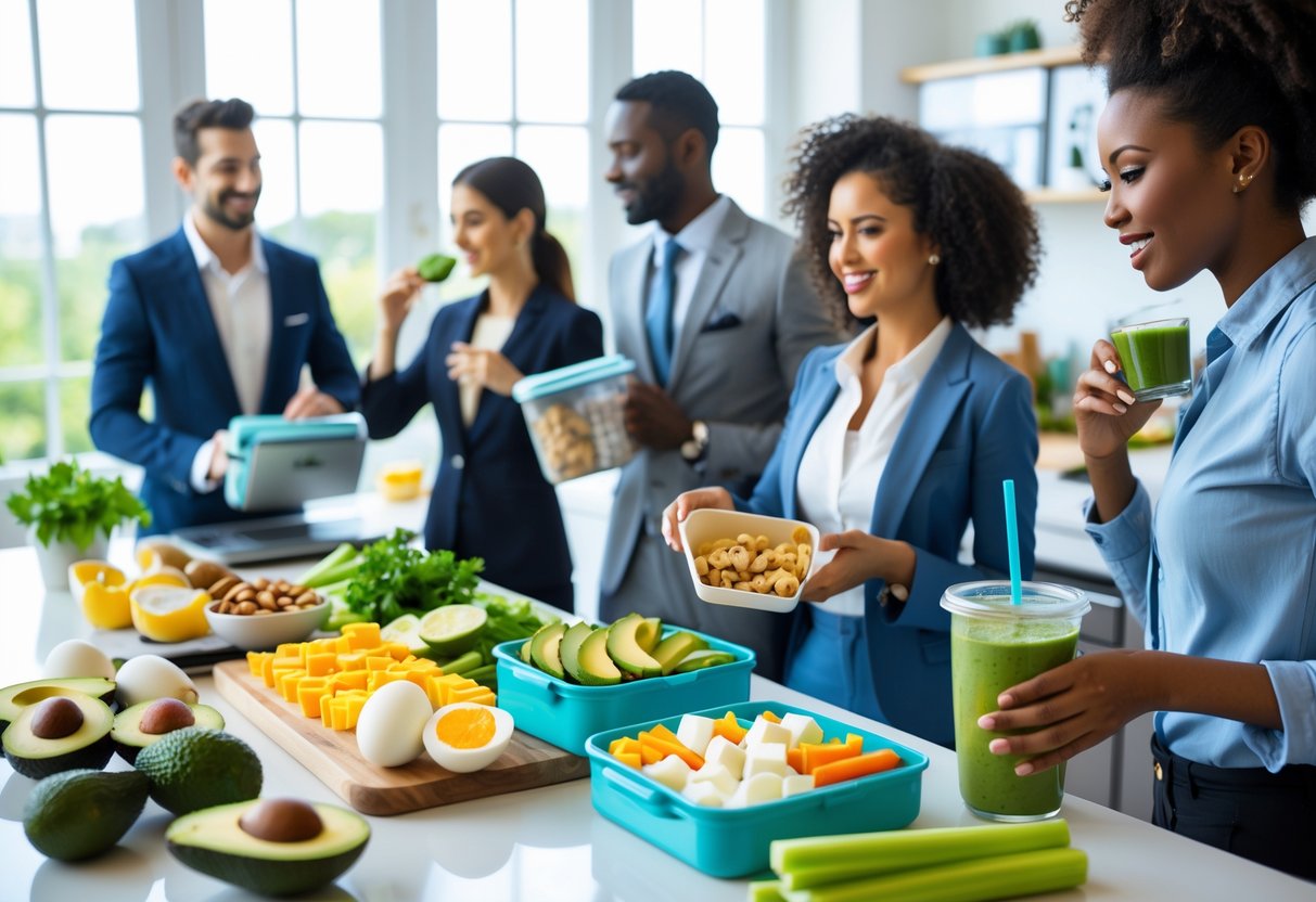 Busy professionals preparing and enjoying keto snacks in a bright kitchen with fresh ingredients and work materials nearby.