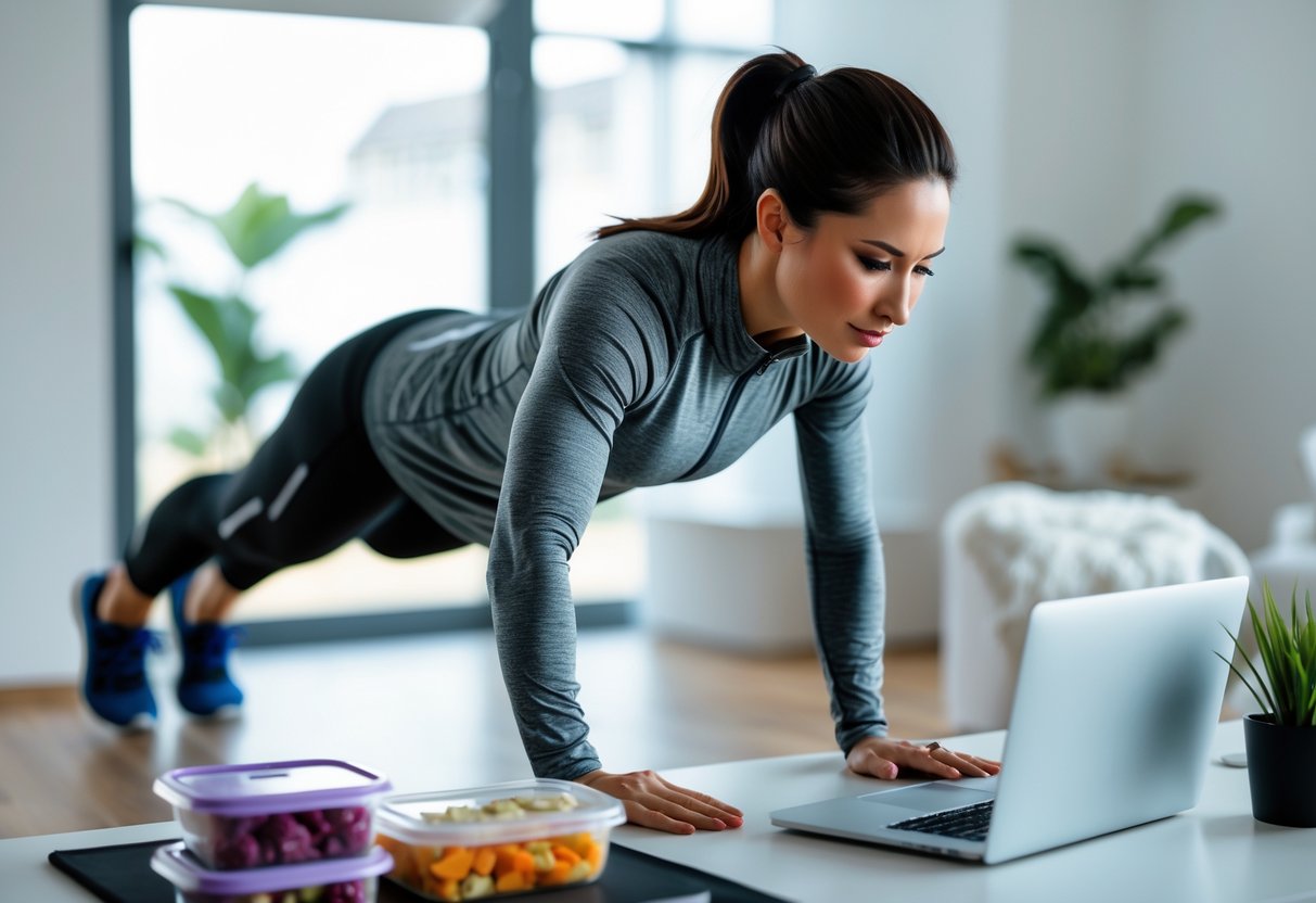 A person exercising in a home office with a laptop and keto meal containers nearby, balancing work and fitness.