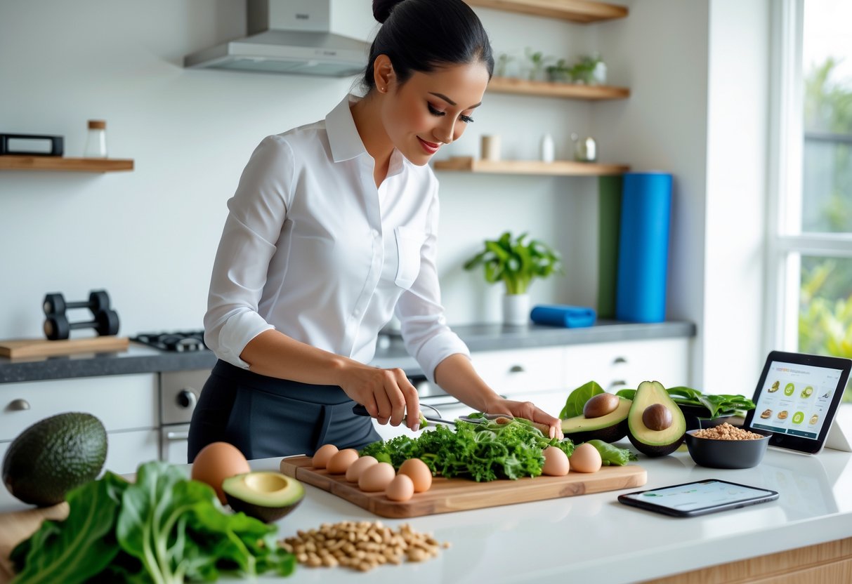 A busy professional preparing a quick healthy meal in a modern kitchen with workout equipment visible in the background.