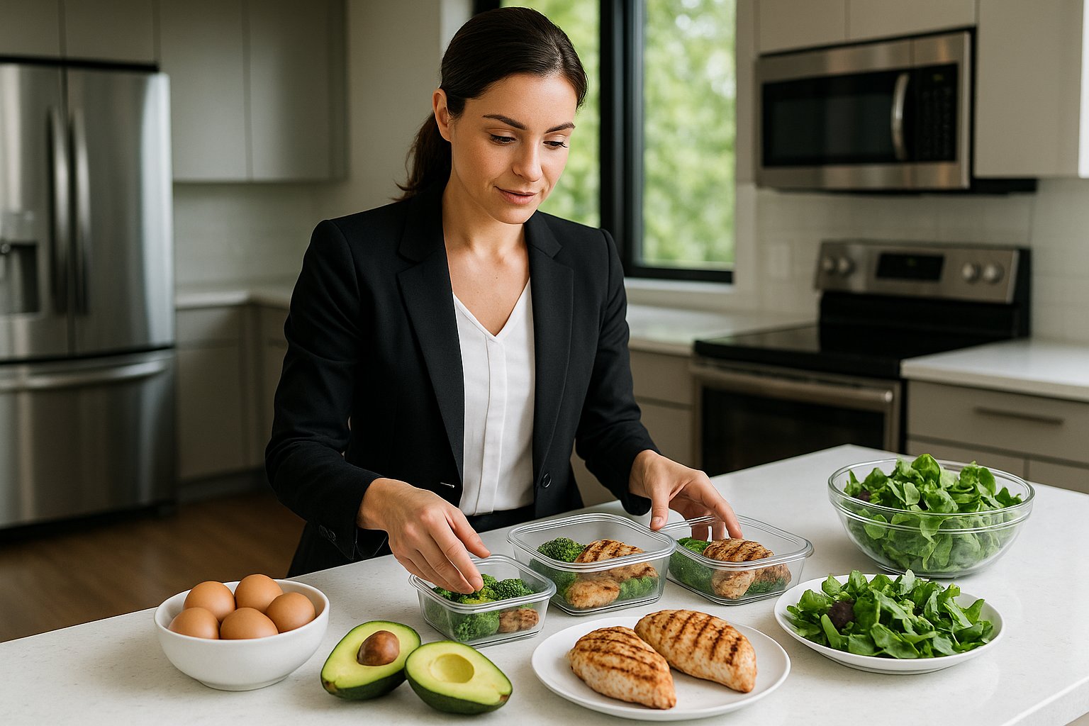 A professional woman preparing keto meals in a modern kitchen, containers with eggs, avocado, grilled chicken, and salad on counter, soft daylight, vibrant green tones, productivity vibe