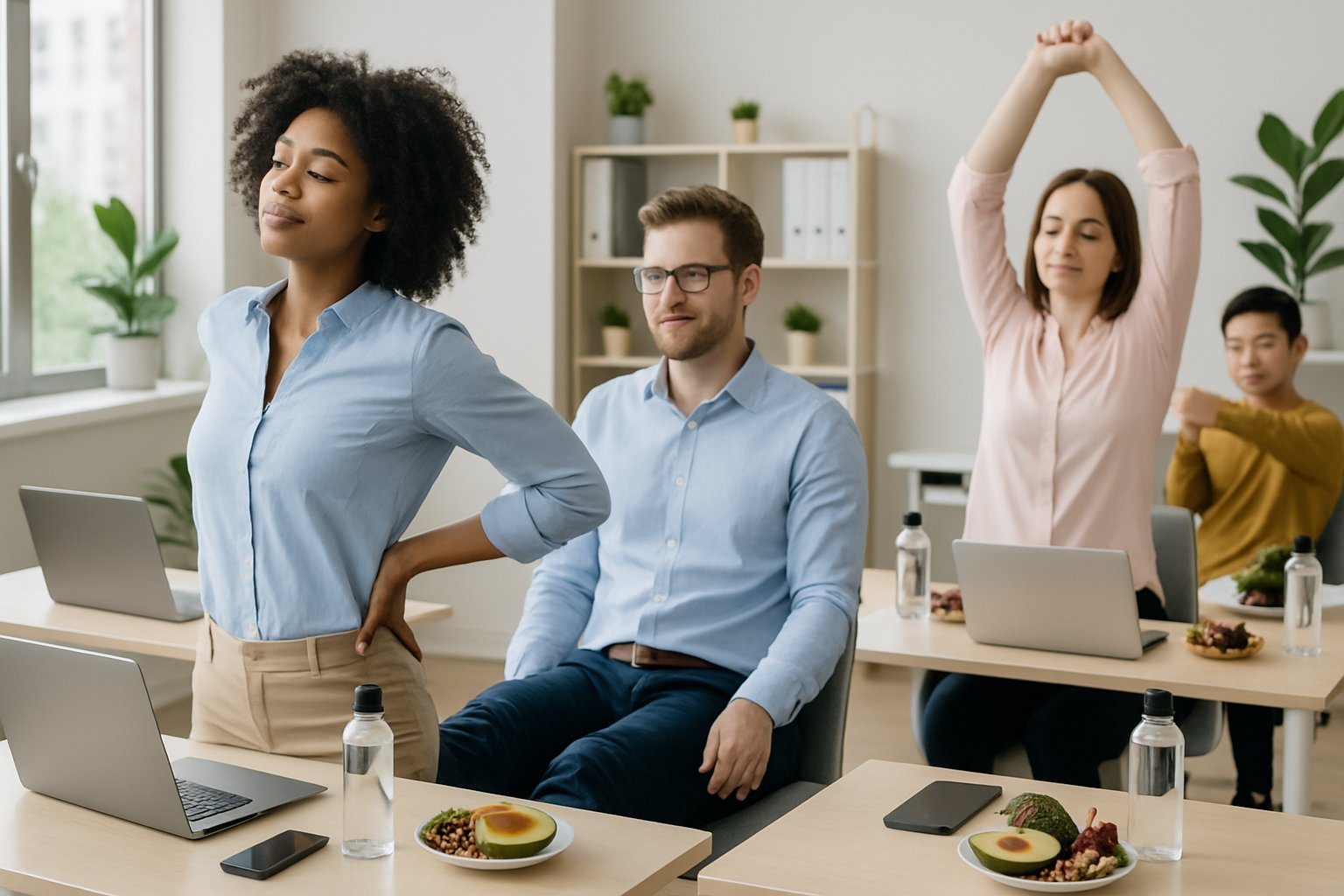 Several people in an office doing desk job fitness exercise at their desks with healthy snacks nearby.