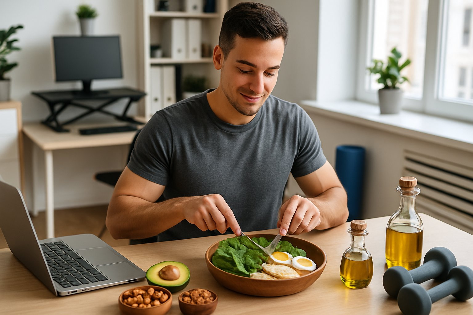 A person at a desk preparing a healthy keto meal surrounded by keto foods with exercise equipment nearby in a bright office.