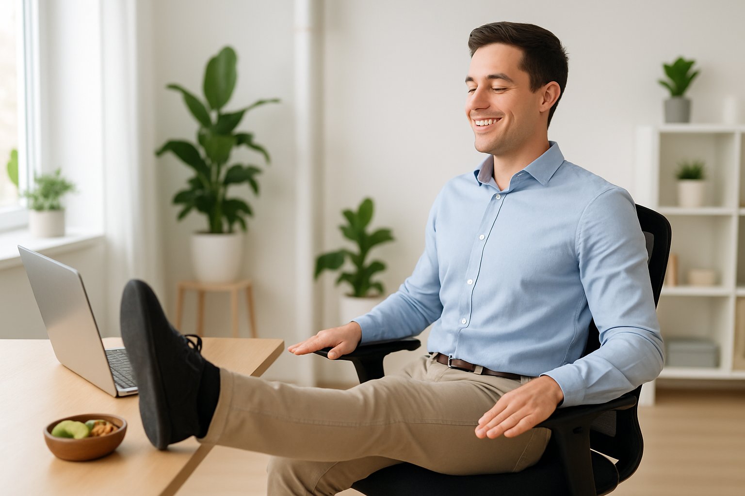A person doing light exercises at their office desk with a laptop, water bottle, and keto-friendly snacks nearby in a bright, modern workspace.