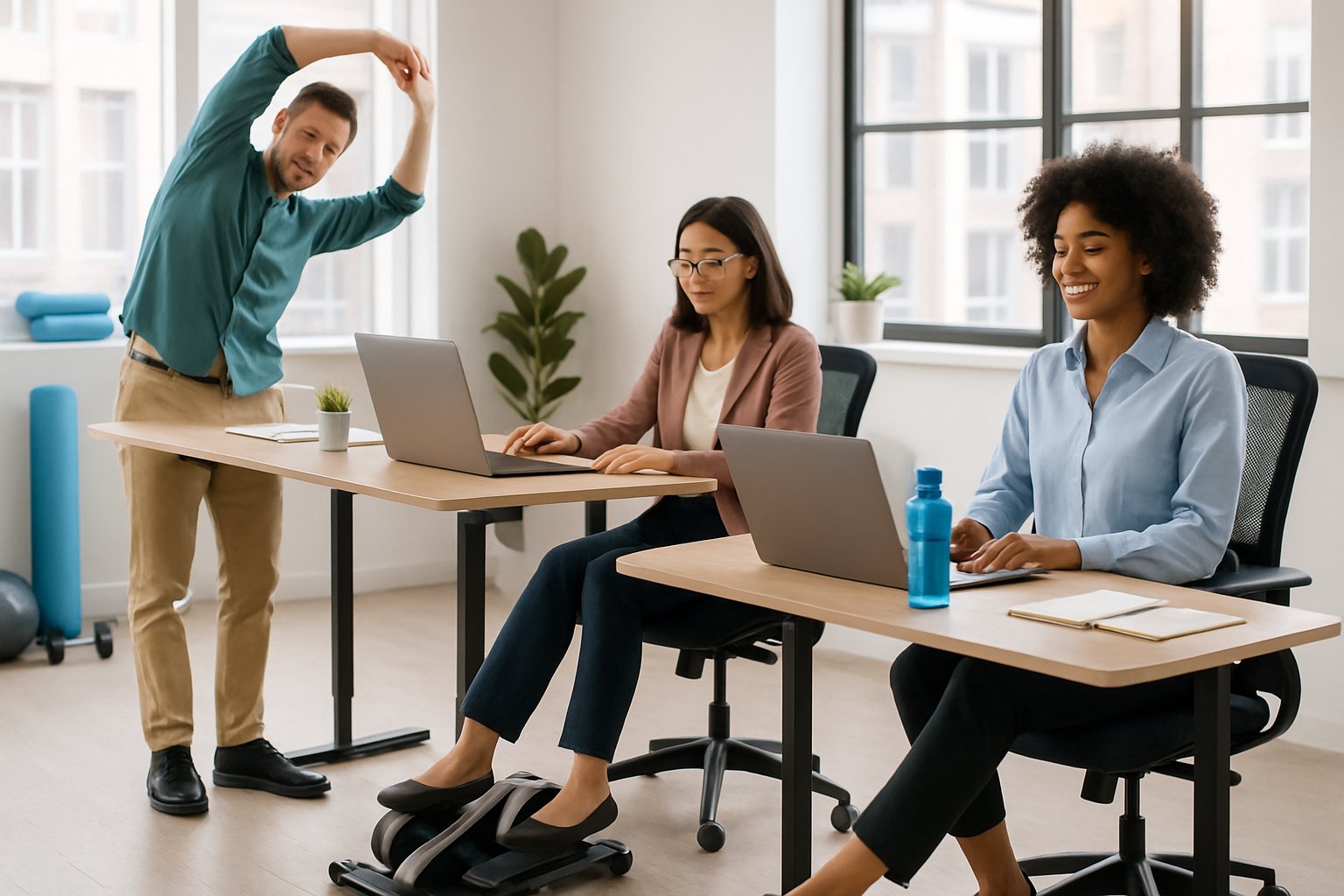 Office workers staying active at their desks using standing desks, under-desk exercise equipment, and stretching in a bright office space.