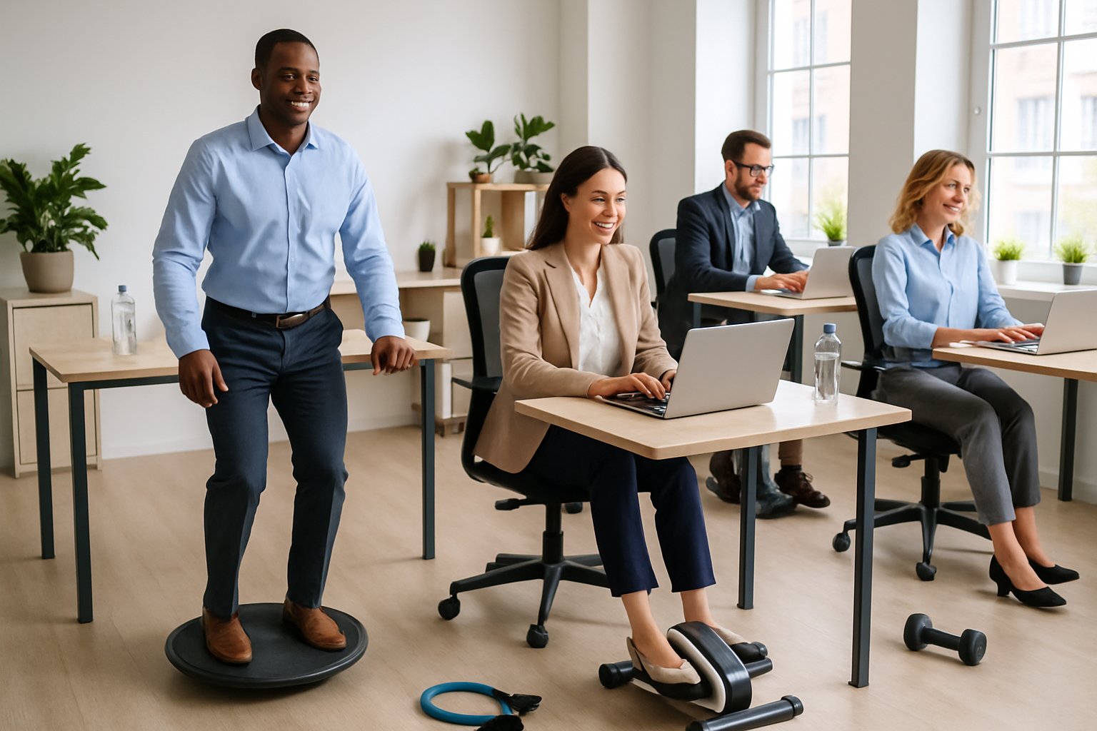 Office workers performing various physical exercises at their desks in a bright, modern workspace.