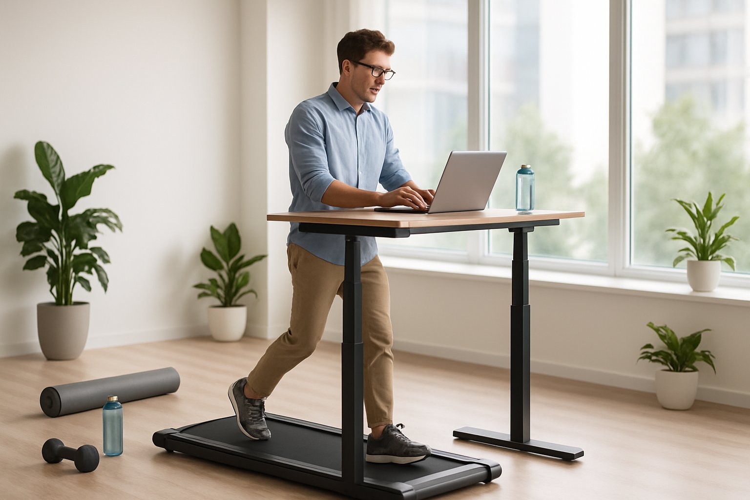 A person walking on a treadmill desk while working on a laptop in a bright office with plants and fitness equipment nearby.