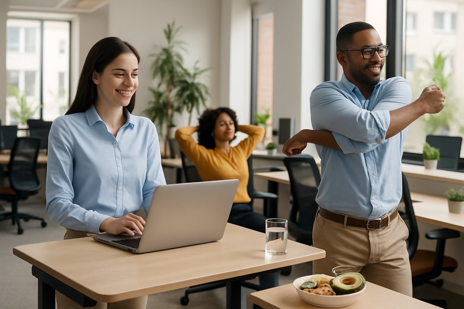 Office workers staying active at their desks by using standing desks and stretching, with healthy snacks nearby.