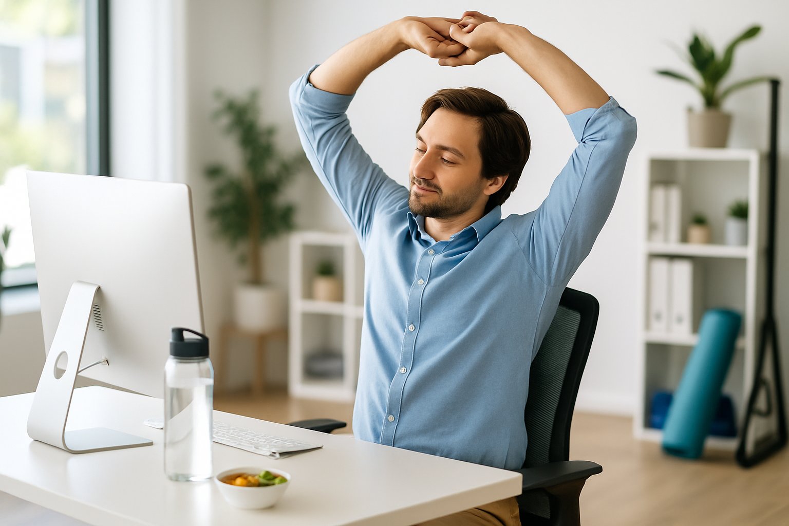 A person at a desk in an office stretching while working on a computer, with keto-friendly snacks and a water bottle nearby.