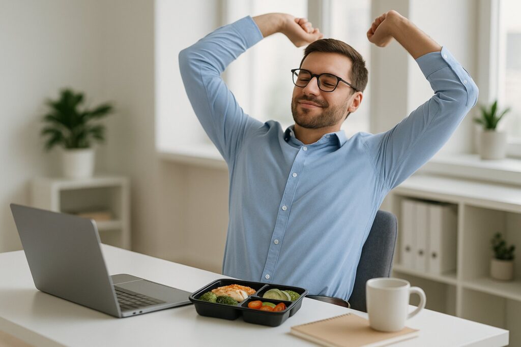 A professional sitting at a clean modern office desk, stretching with arms overhead beside a laptop and keto lunch box; bright daylight workspace with a calm and motivating atmosphere.