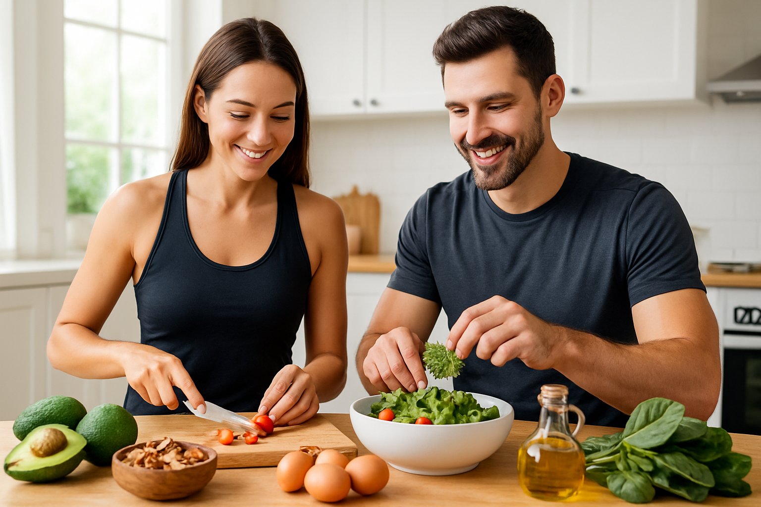 A fit man and woman preparing a healthy keto meal in a bright kitchen with fresh vegetables and a clock visible in the background.