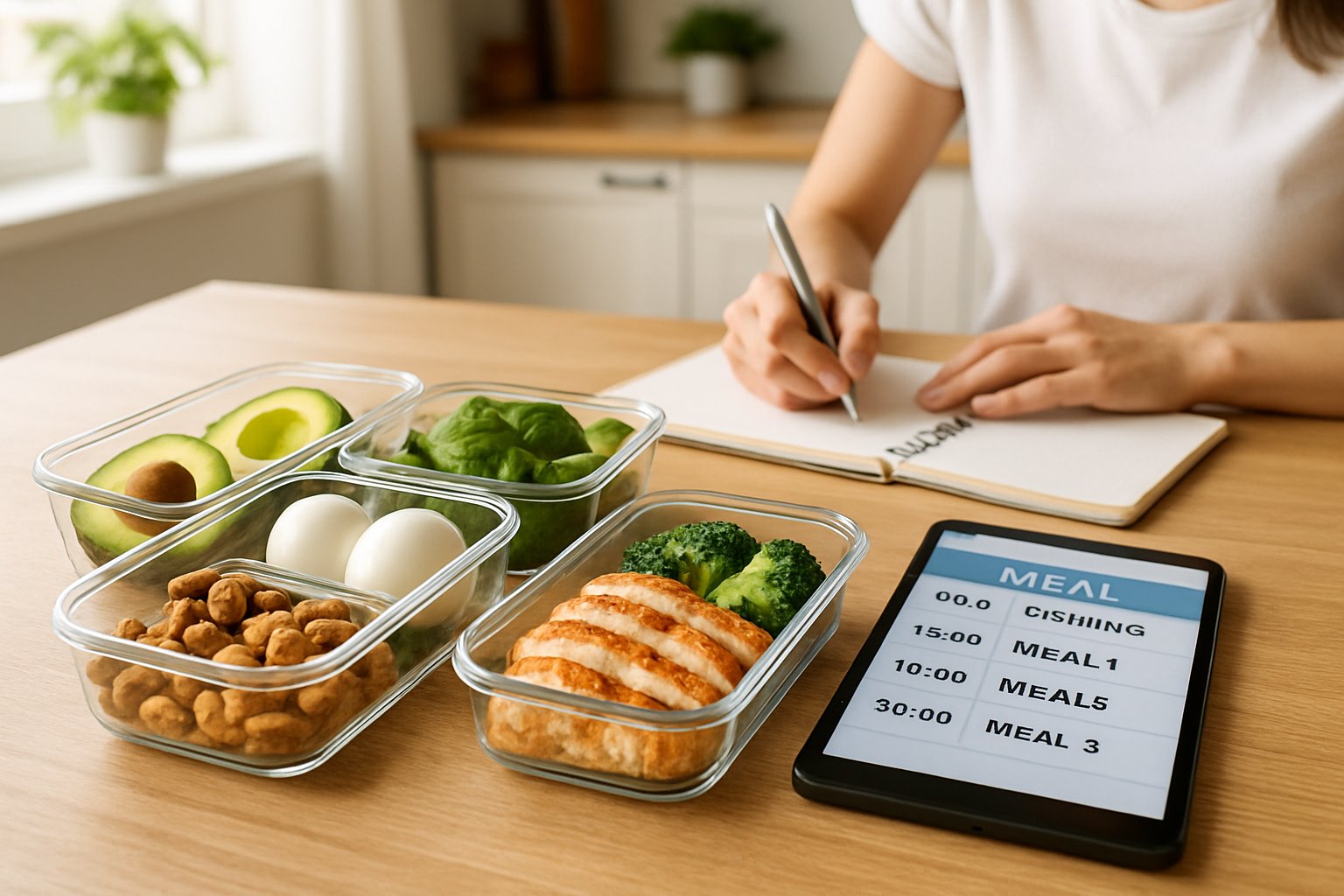 A bright kitchen table with containers of fresh keto foods, a digital device showing a meal plan, and hands writing notes, illustrating meal planning for intermittent fasting and keto diet.