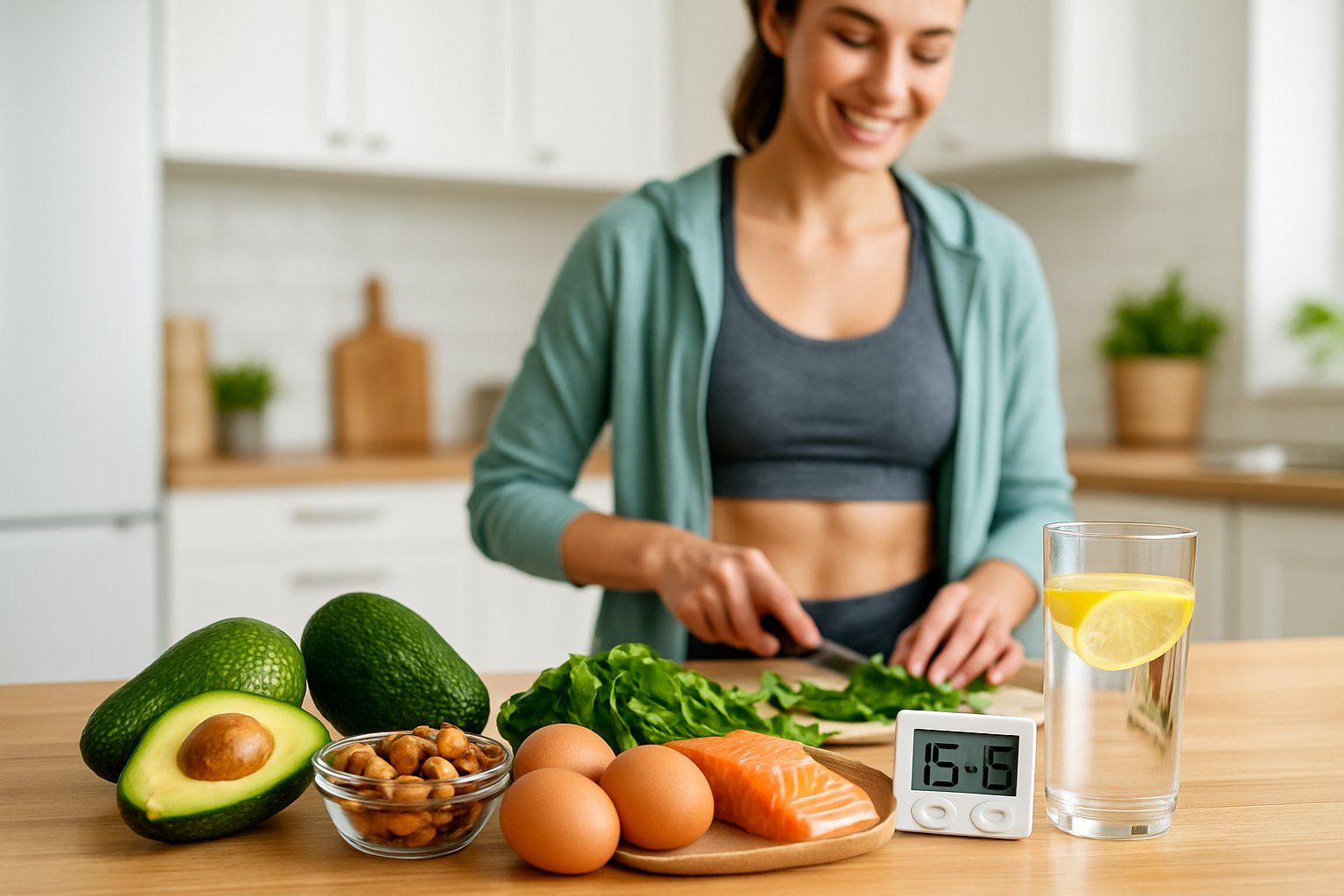 A person preparing a healthy meal with keto-friendly foods on a kitchen counter, including avocados, eggs, and salmon, with a glass of water and a timer nearby.