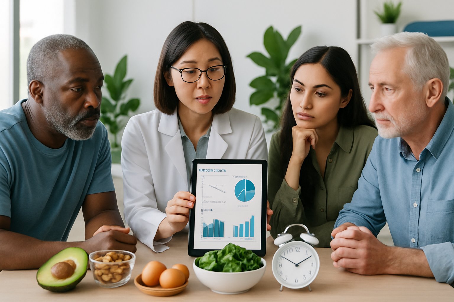 A group of adults discussing healthy eating and dieting strategies around a table with keto foods and a clock in a bright wellness setting.